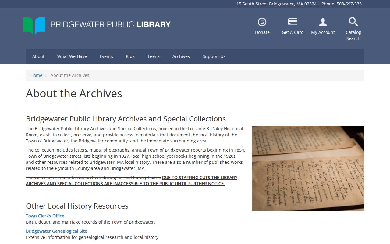 Bridgewater city directory library archives and Historical Room access notice