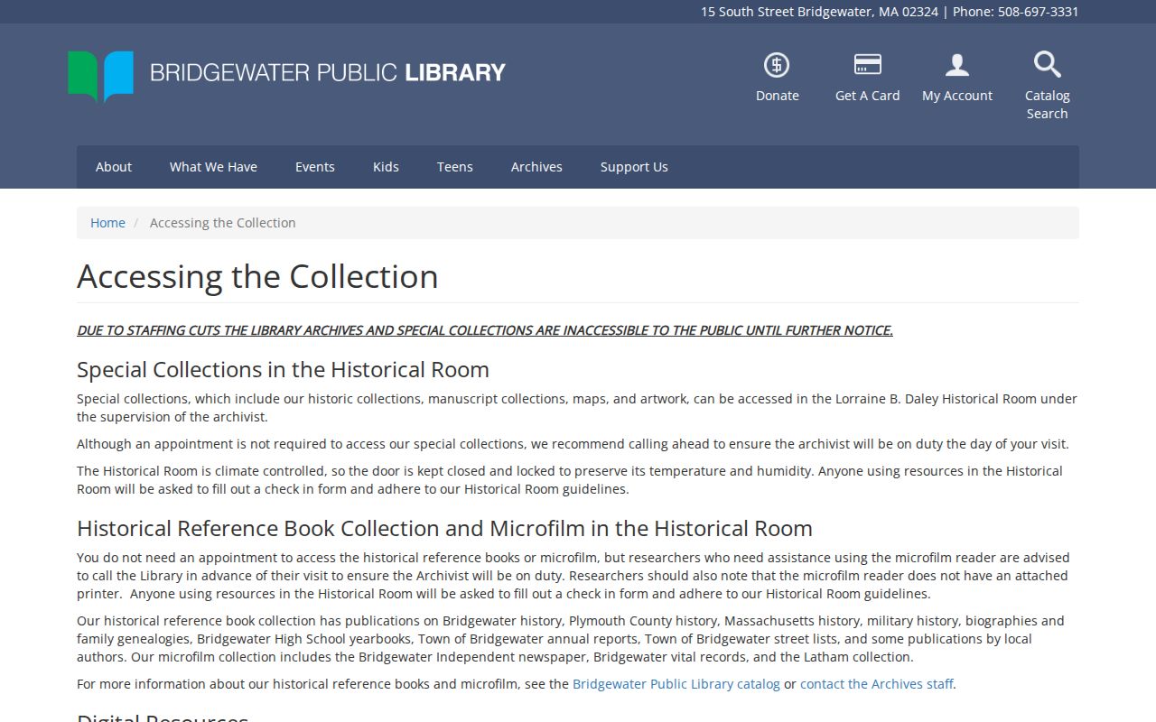 Bridgewater previous residents library house-history research access information