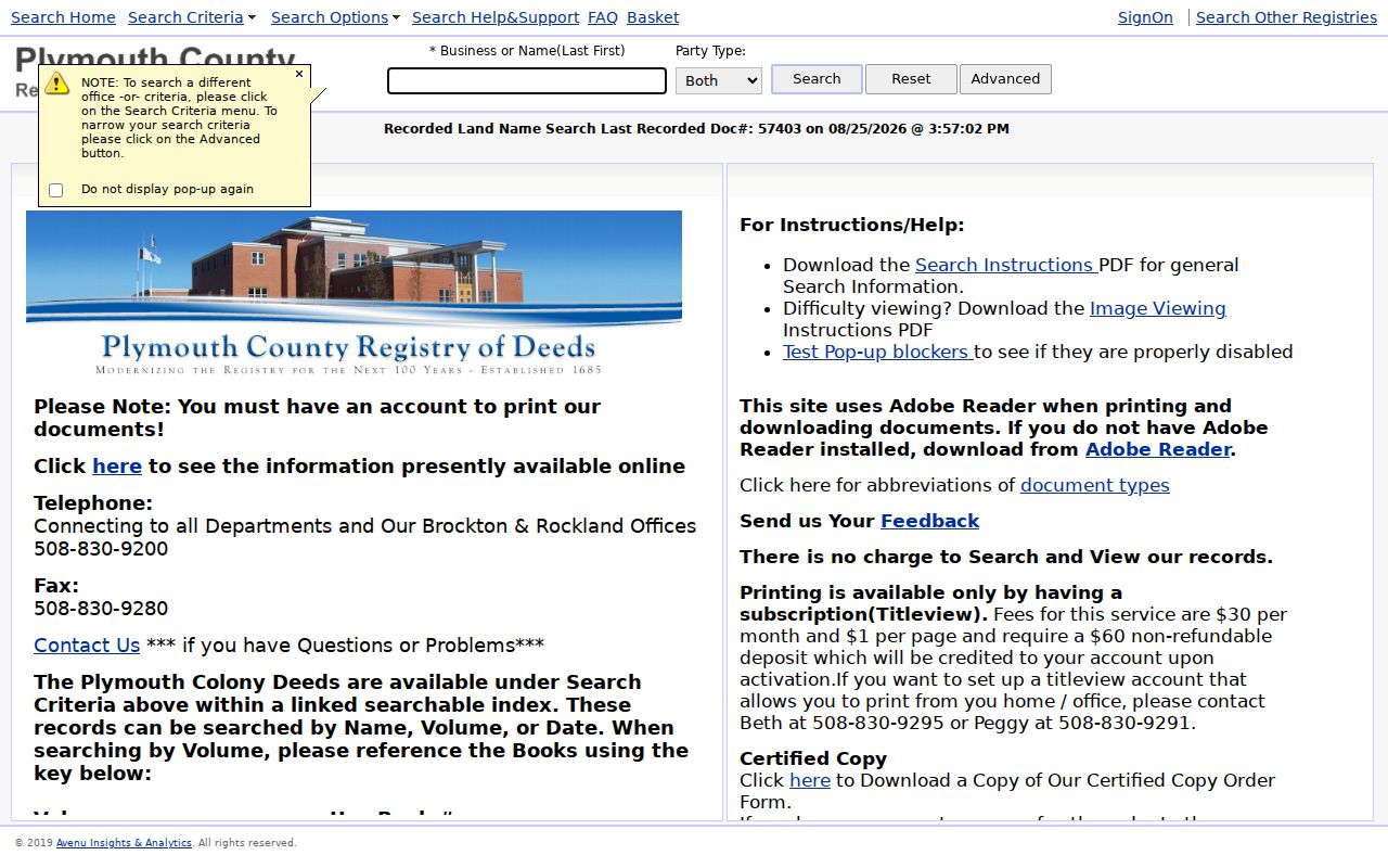 Bridgewater previous residents TitleView deed-index search interface