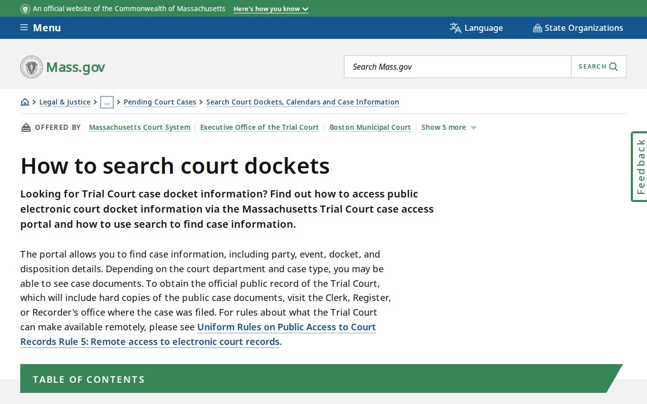 Bridgewater resident lookup court docket instructions for a MassCourts result