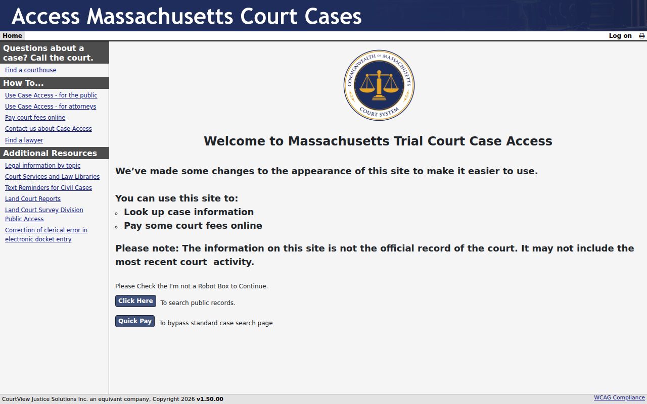 Bridgewater resident lookup through the MassCourts public court search
