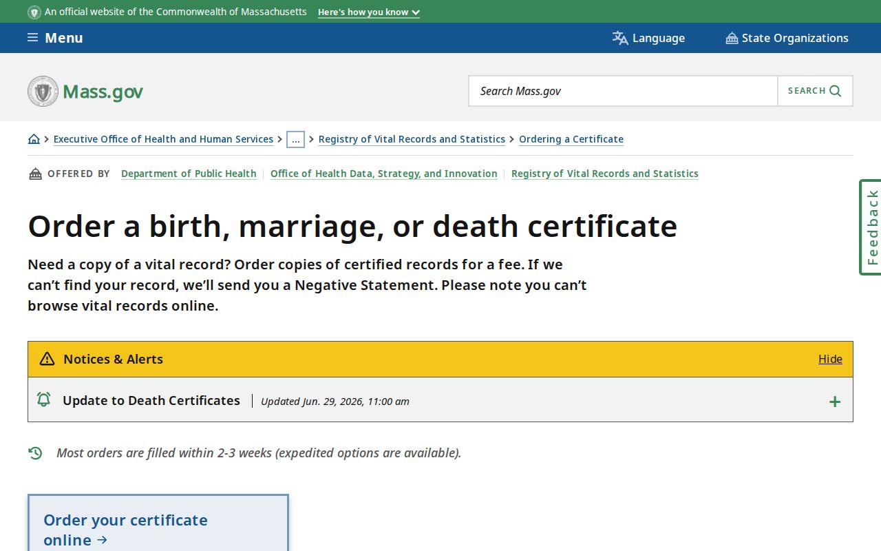 Bridgewater resident lookup through Massachusetts vital certificate order options